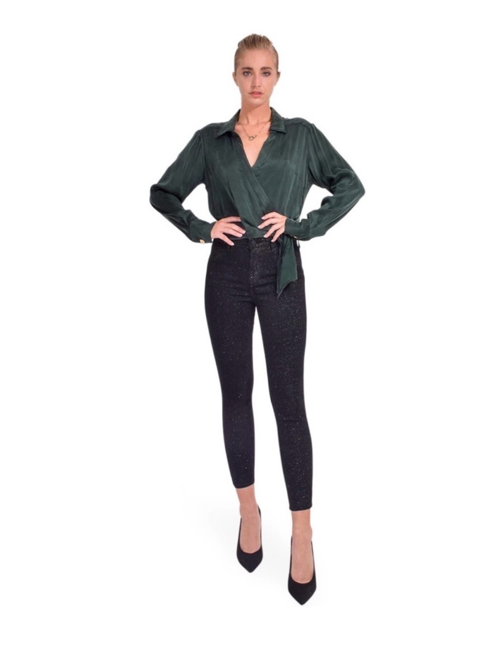 LAgence Margot High Rise Skinny Black Silver Check Shimmer Jeans
28